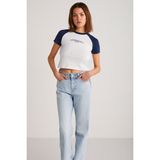Grimelange ETHIQUET VANE Kadın %100 Pamuk Kısa Kollu Baskılı Crop Beyaz/Navy T-Shirt - Beyaz - Navy