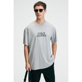 Grimelange Feast Erkek %100 Pamuk Oversize Fit Baskılı Kısa Kollu Yuvarlak Yakalı Açık Gri T-Shirt