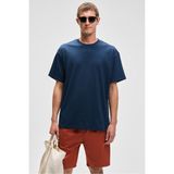 GRIMELANGE FEON Erkek Oversize Geniş Kesim %100 Organik Pamuk Kalın Dokulu Yuvarlak Yaka Lacivert T-Shirt