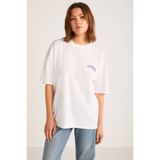 GRIMELANGE Fınola Kadın Oversize Ön Ve Arka Mavi Yazı Detaylı Kısa Kollu Beyaz T-shirt