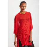 Grimelange Florızel Kadın %100 Polyester Kısa Kollu Ön Düğüm Detaylı Uzun Kırmızı Bluz