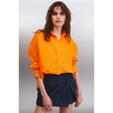 Grimelange Gaıa Kadın Oversize Kalıp %100 Keten Uzun Kollu Tek Cepli Turuncu Gömlek - XS
