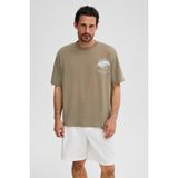 GRIMELANGE GIGANEST Erkek %100 Organik Pamuklu Baskı Detaylı Yuvarlak Yaka Haki T-Shirt