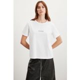 GRIMELANGE Glenda Kadın Nakış Işlemeli Regular Fit %100 Organik Pamuklu Örme Bisiket Yakalı Beyaz T-shirt