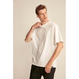 Grimelange GRIMELANGE Jett Erkek Oversize Fit %100 Organik Pamuk Kalın Dokulu Bisiklet Yakalı Beyaz T-shirt Beyaz