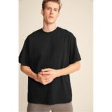 Grimelange GRIMELANGE Jett Erkek Oversize Fit %100 Organik Pamuk Kalın Dokulu Bisiklet Yakalı Siyah T-shirt Siyah