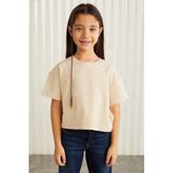 Grimelange HEIDA-GRM24022- 100% pamuk süs etiletli kız çocuk kısa kollu tshirt çocuk tshirt Bej T-Shirt - 5 - 6 Yaş