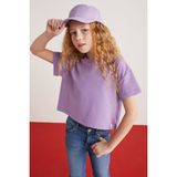 Grimelange HEIDA-GRM24022- 100% pamuk süs etiletli kız çocuk kısa kollu tshirt çocuk tshirt Mor T-Shirt - 7 - 8 Yaş