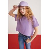 GRIMELANGE HEIDA-GRM24022- 100% pamuk süs etiletli kız çocuk kısa kollu tshirt çocuk tshirt Mor T-Shirt