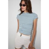 GRIMELANGE HOPEWELL Kadın Yuvarlak Yaka Örme Slim Fit Mavi Çizgili T-Shirt