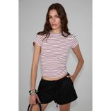 GRIMELANGE HOPEWELL Kadın Yuvarlak Yaka Örme Slim Fit T-Shirt Pembe-Siyah-Beyaz Çizgili