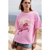 GRIMELANGE IRATI Kadın Yumuşak Kumaşlı %100 Organik Pamuklu Baskı Detaylı Oversize Pembe T-Shirt