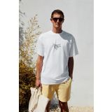 GRIMELANGE ITALIA Erkek %100 Organik Pamuk Ön Arka Baskı Detaylı Oversize Kısa Kol Beyaz T-Shirt