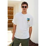 GRIMELANGE ITALIA Erkek %100 Organik Pamuk Ön Arka Baskı Detaylı Oversize Kısa Kol Ekru T-Shirt
