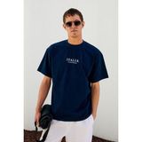 Grimelange ITALIA Erkek %100 Organik Pamuk Ön Arka Baskı Detaylı Oversize Kısa Kol Lacivert T-Shirt - XL