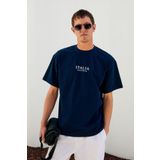 GRIMELANGE ITALIA Erkek %100 Organik Pamuk Ön Arka Baskı Detaylı Oversize Kısa Kol Lacivert T-Shirt