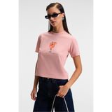 GRIMELANGE IVONNE Kadın Cocktail Baskı Desenli Kısa Kollu Organik Pamuklu Bisiklet Yaka Crop Pembe T-Shirt