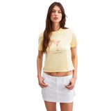 Grimelange Ivonne Kadın Cocktail Baskı Desenli Kısa Kollu Organik Pamuklu Bisiklet Yaka Crop Sarı T-Shirt, XL