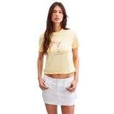Grimelange Ivonne Kadın Cocktail Baskı Desenli Kısa Kollu Organik Pamuklu Bisiklet Yaka Crop Sarı T-Shirt, XS