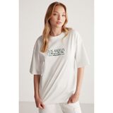 Grimelange Janna Kadın Şehir Temalı Ön Ve Arka Baskı Detaylı Oversize Fit Bisiklet Yaka Beyaz / Yeşil T-shirt - Beyaz - Yeşil