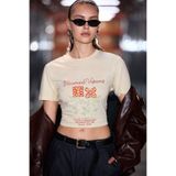 GRIMELANGE JASMI Kadın Yumuşak Kumaşlı %100 Organik Pamuklu Baskı Ve Nakış Detaylı Crop Sarı T-Shirt