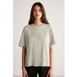 GRIMELANGE Jemmy Kadın %100 Organik Pamuk Relaxed Fit Yırtmaçlı Yuvarlak Yakalı Açık Gri T-shirt