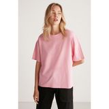 Grimelange Jemmy Kadın %100 Organik Pamuk Relaxed Fit Yırtmaçlı Yuvarlak Yakalı Açık Pembe T-shirt - XS