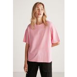 GRIMELANGE Jemmy Kadın %100 Organik Pamuk Relaxed Fit Yırtmaçlı Yuvarlak Yakalı Açık Pembe T-shirt