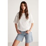 GRIMELANGE Jemmy Kadın %100 Organik Pamuk Relaxed Fit Yırtmaçlı Yuvarlak Yakalı Beyaz T-shirt