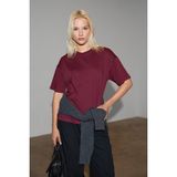 GRIMELANGE Jemmy Kadın %100 Organik Pamuk Relaxed Fit Yırtmaçlı Yuvarlak Yakalı Bordo T-Shirt