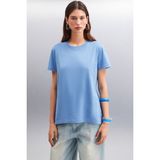 GRIMELANGE Jemmy Kadın %100 Organik Pamuk Relaxed Fit Yırtmaçlı Yuvarlak Yakalı İndigo T-Shirt