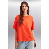 GRIMELANGE Jemmy Kadın %100 Organik Pamuk Relaxed Fit Yırtmaçlı Yuvarlak Yakalı Kırmızı T-shirt