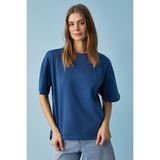 Grimelange Jemmy Kadın %100 Organik Pamuk Relaxed Fit Yırtmaçlı Yuvarlak Yakalı Lacivert T-Shirt - XS