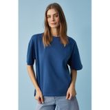 GRIMELANGE Jemmy Kadın %100 Organik Pamuk Relaxed Fit Yırtmaçlı Yuvarlak Yakalı Lacivert T-Shirt