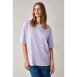 GRIMELANGE Jemmy Kadın %100 Organik Pamuk Relaxed Fit Yırtmaçlı Yuvarlak Yakalı Lila T-Shirt