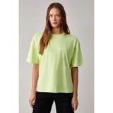 Grimelange Jemmy Kadın %100 Organik Pamuk Relaxed Fit Yırtmaçlı Yuvarlak Yakalı Neon Yeşil T-Shirt - Neon Yeşili