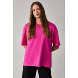 GRIMELANGE Jemmy Kadın %100 Organik Pamuk Relaxed Fit Yırtmaçlı Yuvarlak Yakalı Pembe T-Shirt