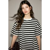 Grimelange Jemmy Kadın %100 Organik Pamuk Relaxed Fit Yırtmaçlı Yuvarlak Yakalı Siyah - Beyaz T-Shirt - XS