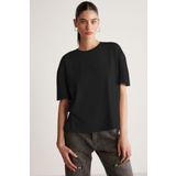 GRIMELANGE Jemmy Kadın %100 Organik Pamuk Relaxed Fit Yırtmaçlı Yuvarlak Yakalı Siyah T-shirt