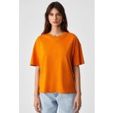 GRIMELANGE Jemmy Kadın %100 Organik Pamuk Relaxed Fit Yırtmaçlı Yuvarlak Yakalı Turuncu T-Shirt
