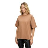 GRIMELANGE Jemmy Kadın %100 Organik Pamuk Relaxed Fit Yırtmaçlı Yuvarlak Yakalı Vizon T-Shirt