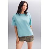 GRIMELANGE Jemmy Kadın %100 Organik Pamuk Relaxed Fit Yırtmaçlı Yuvarlak Yakalı Yeşil T-shirt