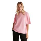 Grimelange Jemmy Kadın%100 Organik Pamuk Relaxed Fit Yırtmaçlı Yuvarlak Yakalı Açık Pembe T-Shirt, XL
