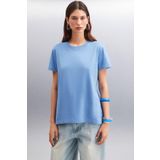 Grimelange Jemmy Kadın%100 Organik Pamuk Relaxed Fit Yırtmaçlı Yuvarlak Yakalı T-Shirt, İndigo, XS