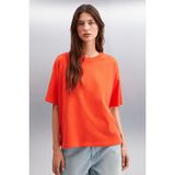 Grimelange Jemmy Kadın%100 Organik Pamuk Relaxed Fit Yırtmaçlı Yuvarlak Yakalı T-shirt, Kırmızı, XL