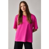 Grimelange Jemmy Kadın%100 Organik Pamuk Relaxed Fit Yırtmaçlı Yuvarlak Yakalı T-Shirt, Pembe, XS