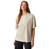 Grimelange Jemmy Kadın%100 Organik Pamuk Relaxed Fit Yırtmaçlı Yuvarlak Yakalı Taş Rengi T-Shirt, XL