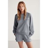 GRIMELANGE Jennıfer Kadın Organik Pamuklu Nakışlı Yuvarlak Yakalı Oversize Gri Sweatshirt