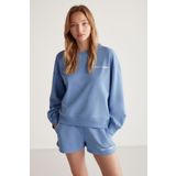 GRIMELANGE Jennıfer Kadın Organik Pamuklu Nakışlı Yuvarlak Yakalı Oversize Mavi Sweatshirt