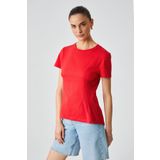 GRIMELANGE JESSIA Kadın Korse Detaylı %100 Organik Pamuk Bisiklet Yaka Kırmızı T-Shirt